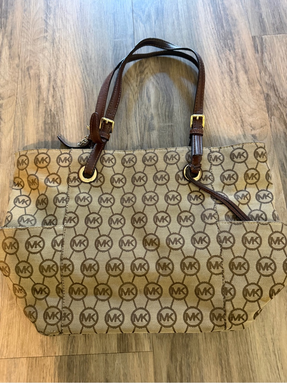Michael Kors Tan Beige Logo Tote with Brown Leather Straps